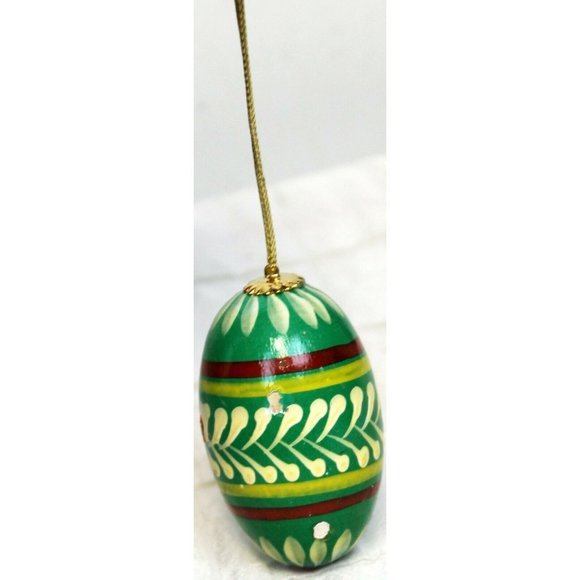 Polish Wooden Egg Ornament Painted Green Red Yellow Designs Christmas Holiday - Picture 4 of 11